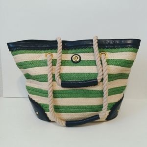 MudPie Paper Faux Leather Green Cream Rope Double Handle Beach Tote Bag 12x15